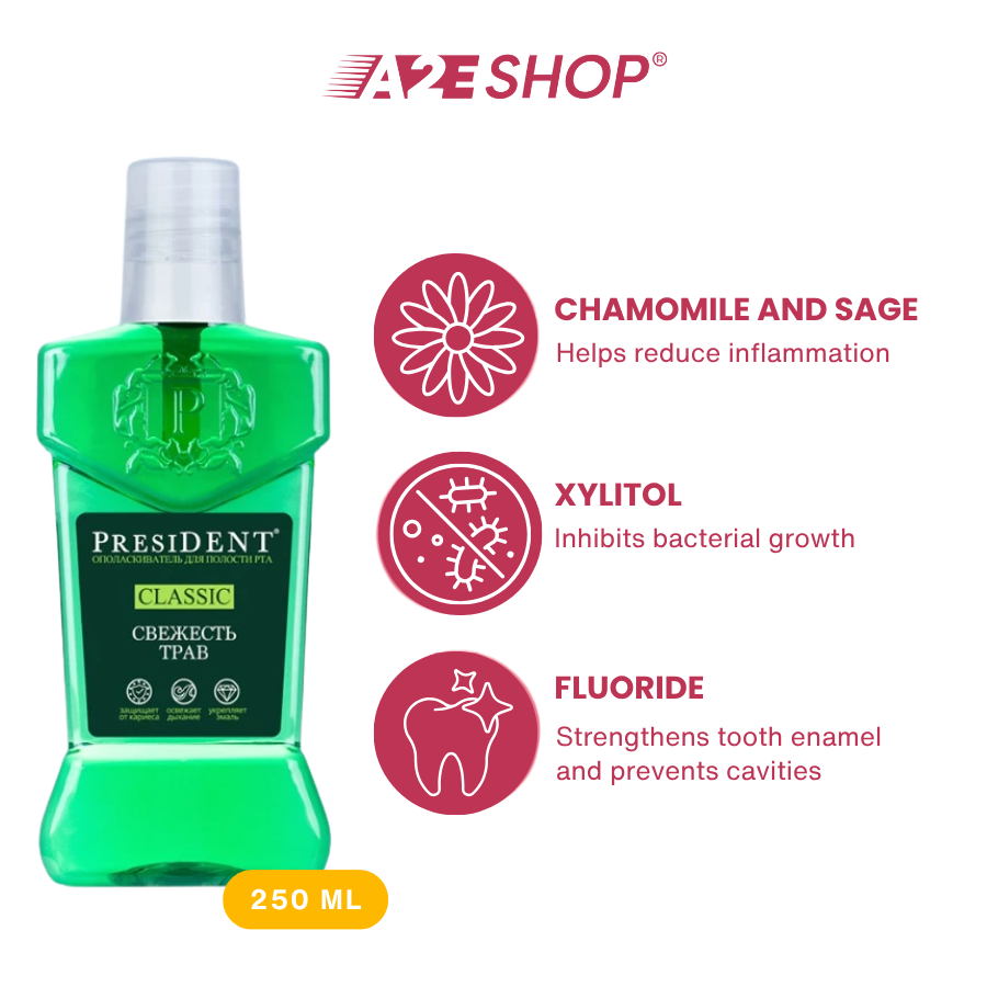 Nước súc miệng President 250ml – Kháng khuẩn, Chống sâu răng