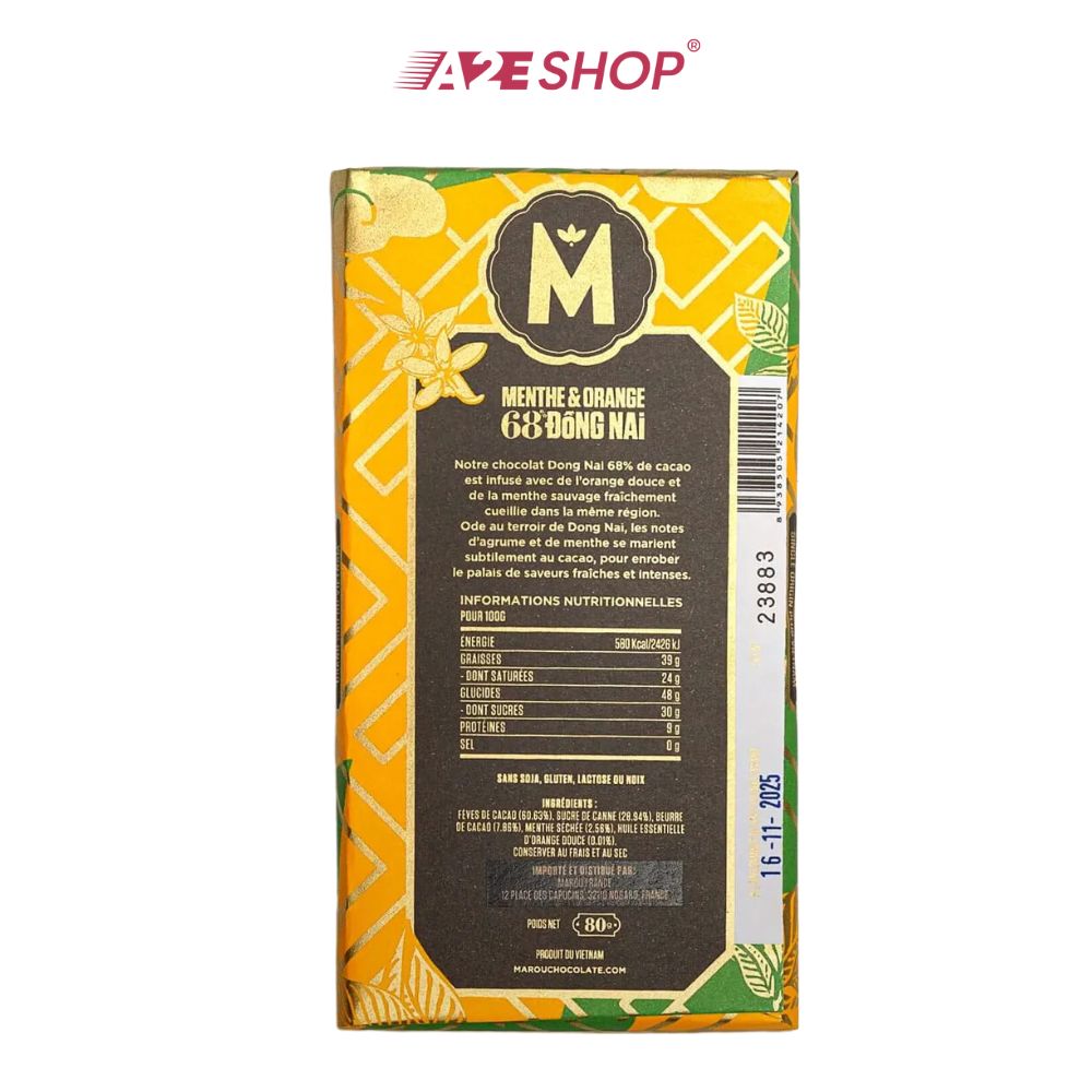 [MAISON MAROU] Bạc hà &amp; Cam 68% Đồng Nai - 80g Chocolate